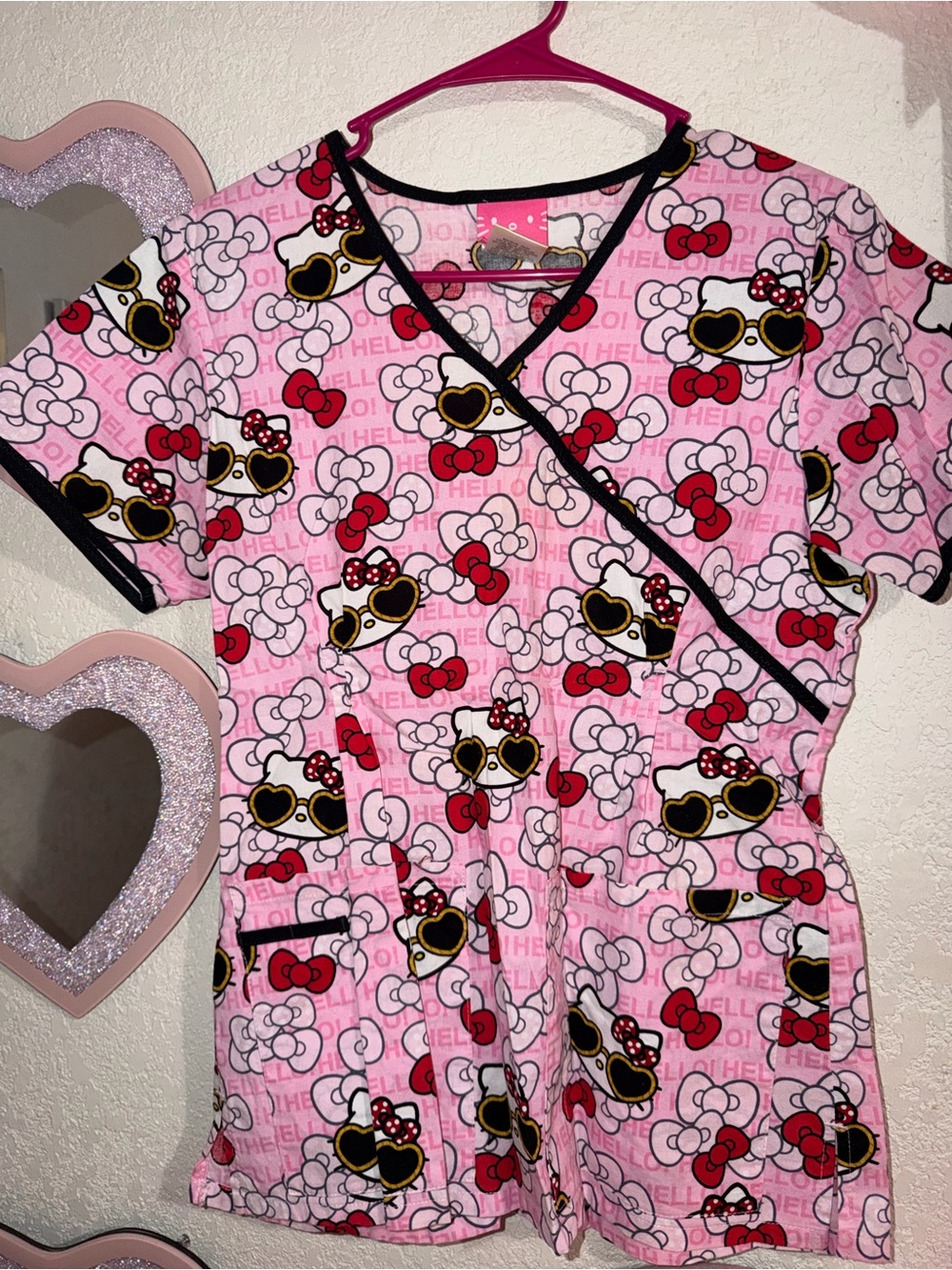 Hello Kitty Pink Short Sleeve V-Neck Scrub Top with Sunglasses Graphic